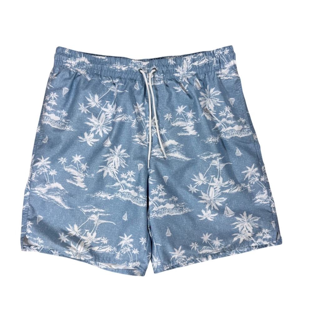 Coastal Hawaiian Mens Swim Shorts Blue Toile Island Sailboat Palm Print